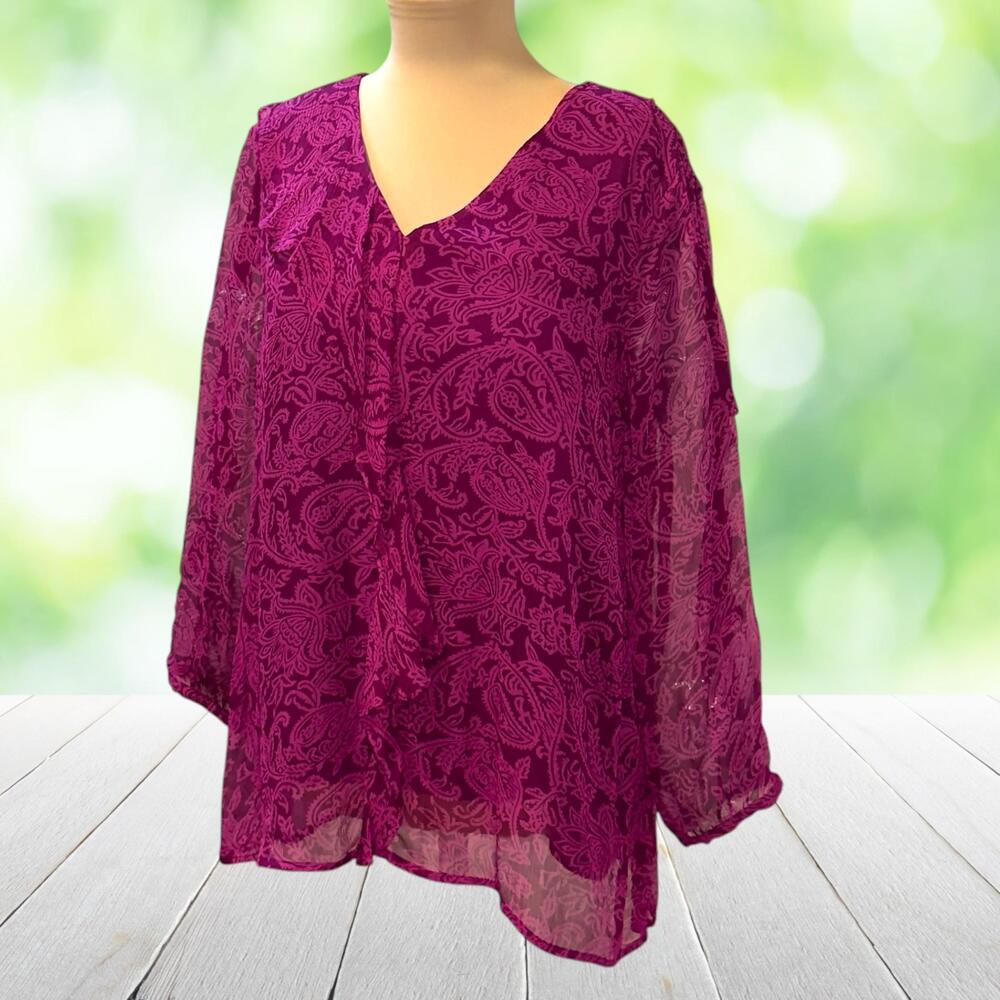 SOFT SURROUNDINGS Tunic Blouse Garnet Jewel Tone Sheer Chiffon Lined Boho Size L